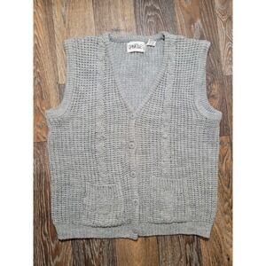 Danielle Vintage Gray Waffle Knit Button Front Sweater Vest Womens Large Pockets
